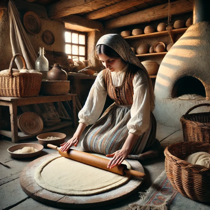 DALL·E 2024 12 20 19.43.38 An authentic scene featuring a woman rolling out yufka dough by hand in a traditional setting. The woman is sitting on the floor using a wooden rolli 1